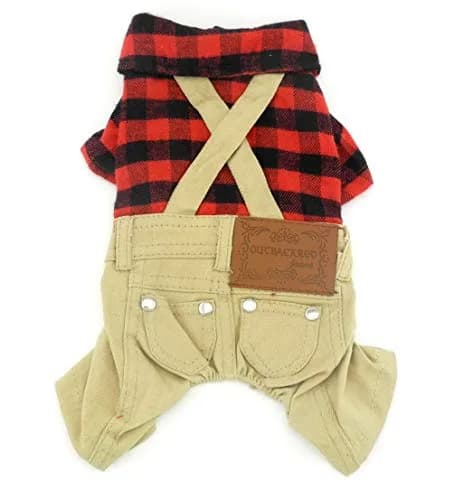 SMALLLEE_LUCKY_STORE Pet Clothes for Small Dog Cat Red Plaid Shirts Sweater with Khaki Overalls Pants Jumpsuit Outfits L | Easy Snap & High Belly Cut thumbnail 1