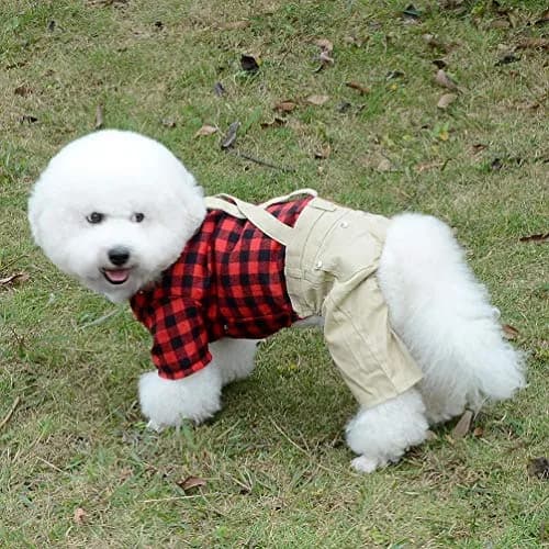 SMALLLEE_LUCKY_STORE Pet Clothes for Small Dog Cat Red Plaid Shirts Sweater with Khaki Overalls Pants Jumpsuit Outfits L | Easy Snap & High Belly Cut thumbnail 5