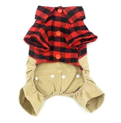 SMALLLEE_LUCKY_STORE Pet Clothes for Small Dog Cat Red Plaid Shirts Sweater with Khaki Overalls Pants Jumpsuit Outfits L | Easy Snap & High Belly Cut thumbnail 2