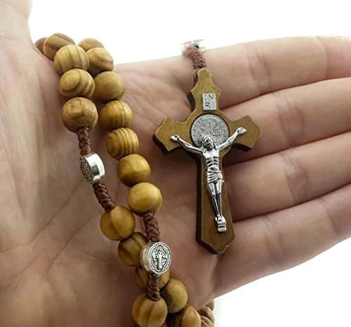 Nazareth Store Saint Benedict Rosary Necklace 20 inches | Olive Wood Beads & Silver Cross thumbnail 5