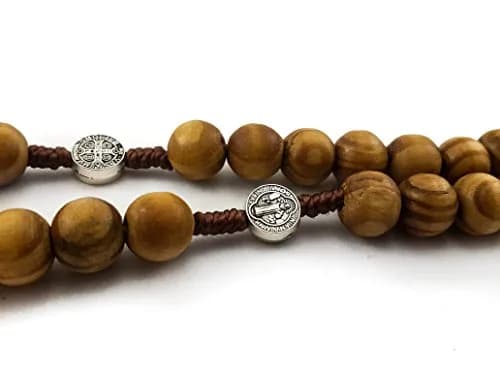 Nazareth Store Saint Benedict Rosary Necklace 20 inches | Olive Wood Beads & Silver Cross thumbnail 6