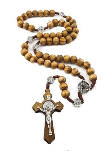 Nazareth Store Saint Benedict Rosary Necklace 20 inches | Olive Wood Beads & Silver Cross thumbnail 7