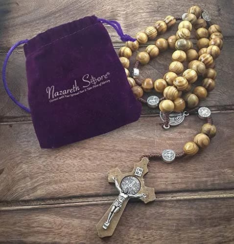 Nazareth Store Saint Benedict Rosary Necklace 20 inches | Olive Wood Beads & Silver Cross thumbnail 2