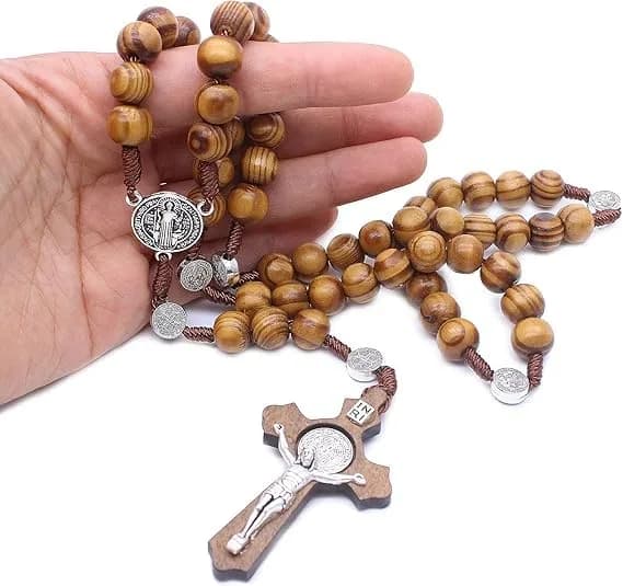 Nazareth Store Saint Benedict Rosary Necklace 20 inches | Olive Wood Beads & Silver Cross thumbnail 4