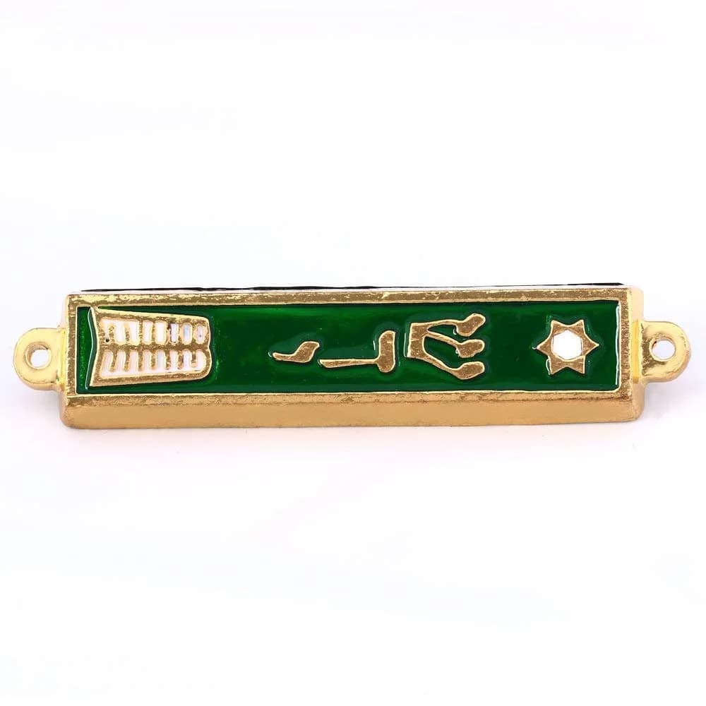Holy Land Market Gold Plated 10 Commandments Mezuzah with Scroll Inside (Cavity in Back is About 3 Inches) (Green, Ten Commandments) | Sacred Jewish Home Decor