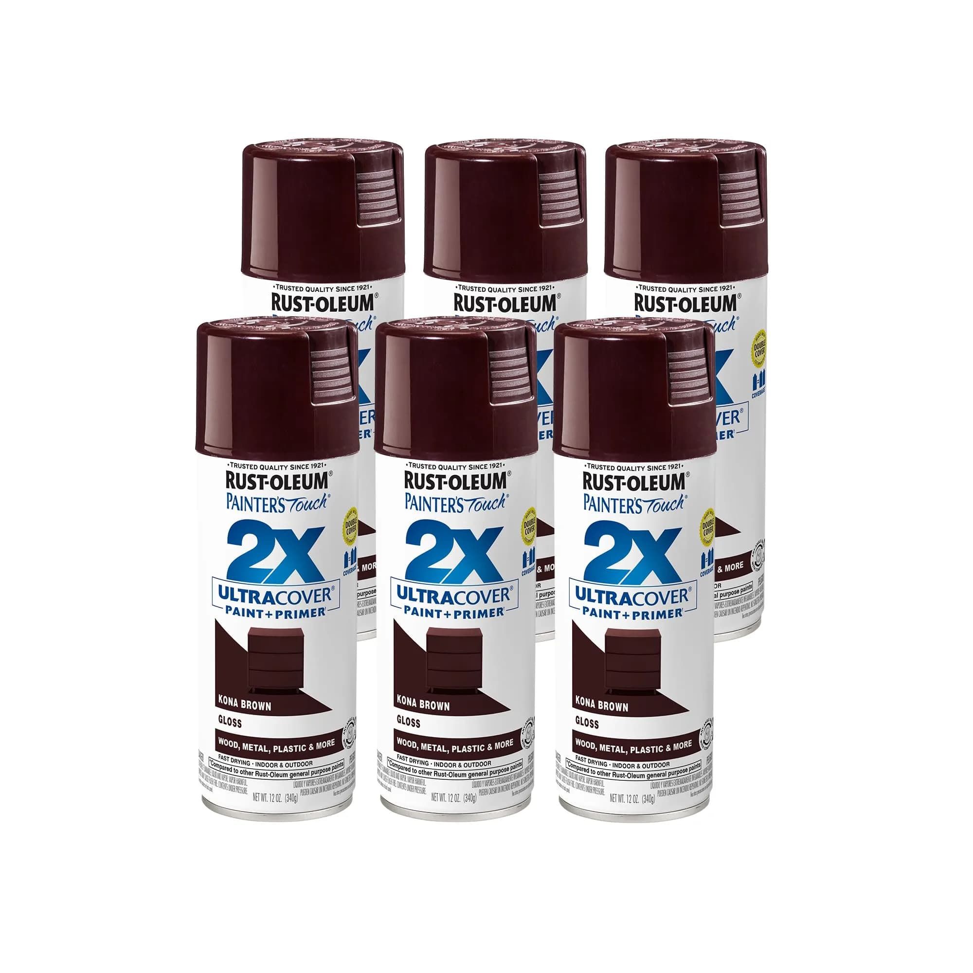 Rust-Oleum Painter's Touch 2X Ultra Cover Spray Paint, Satin Moss Green, Gloss Kona Brown, 340g - main product image