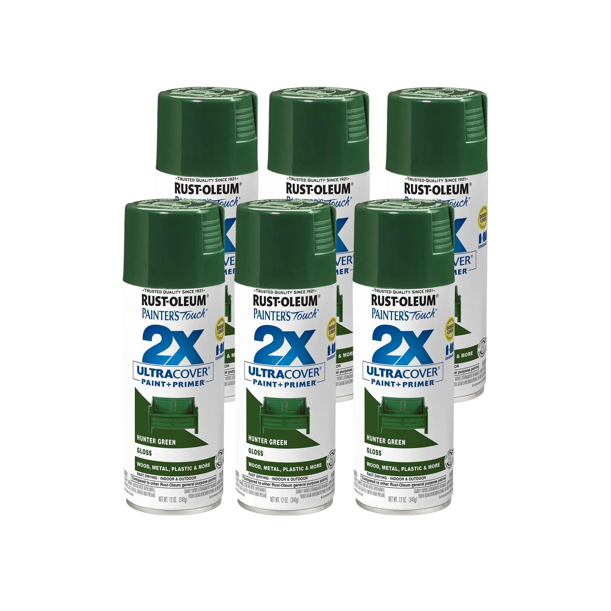 Rust-Oleum Painter's Touch 2X Ultra Cover Spray Paint, Gloss Hunter Green, 12 Oz (Pack of 6) - main product image