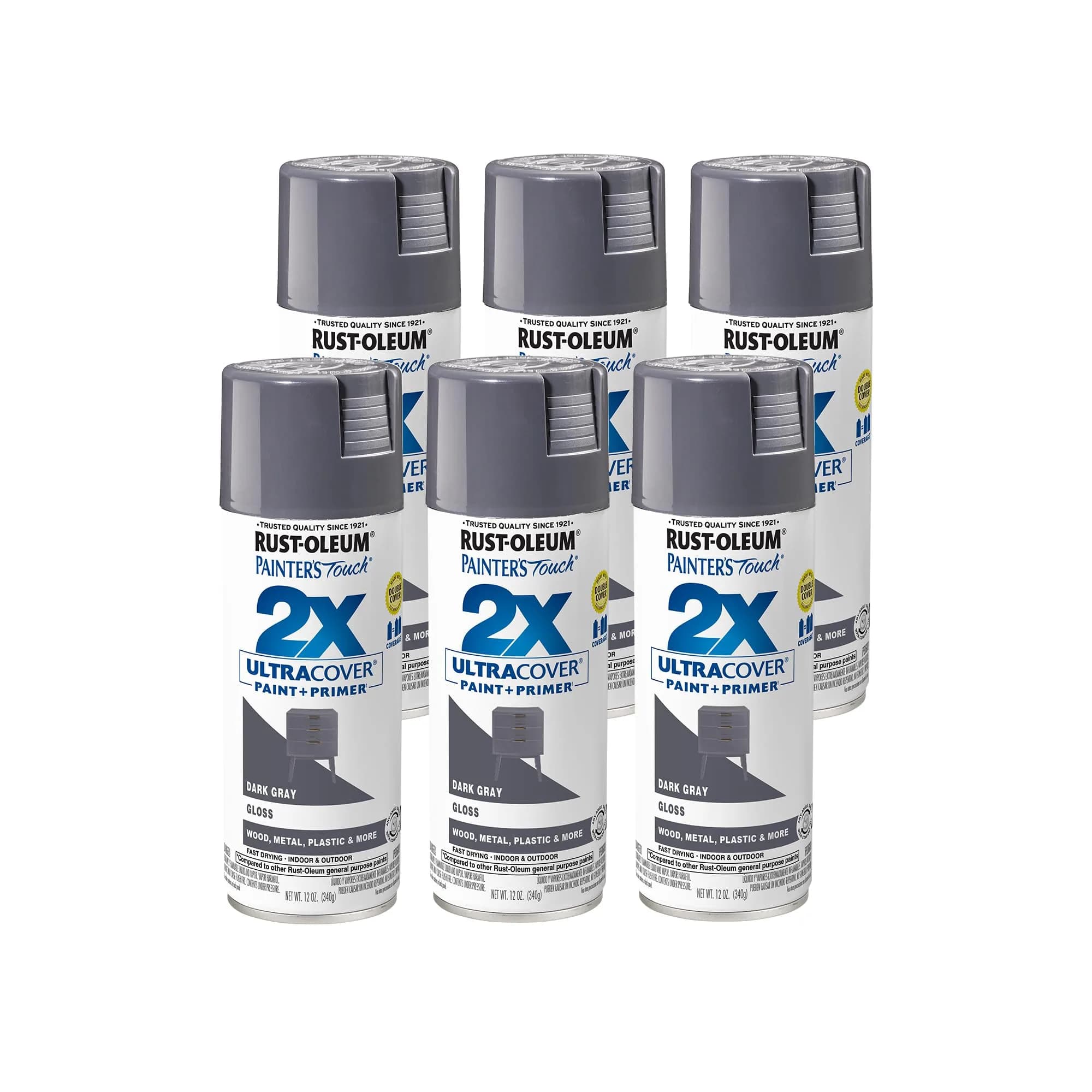 Rust-Oleum Painter's Touch 2X Ultra Cover Spray Paint, Gloss Dark Gray, 12 Oz (Pack of 6) - main product image