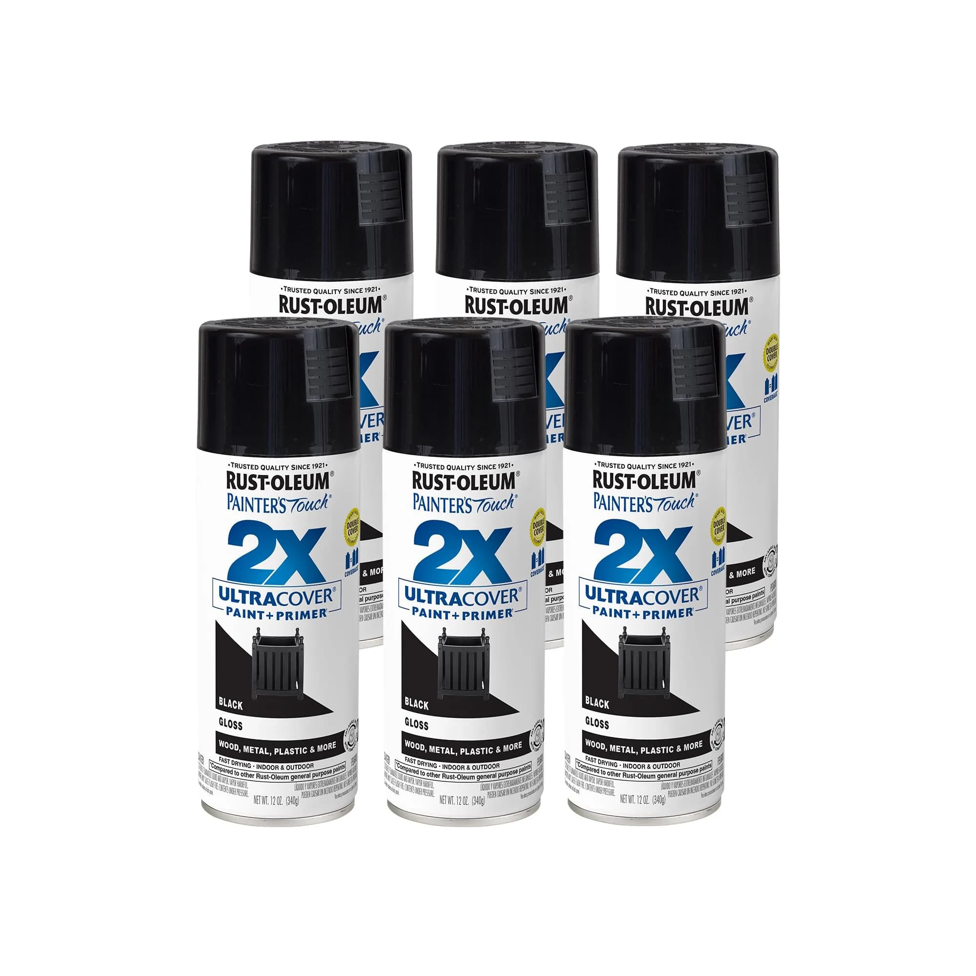 Rust-Oleum Painter's Touch 2X Ultra Cover Spray Paint, Gloss Black, 12 Oz (Pack of 6) - main product image