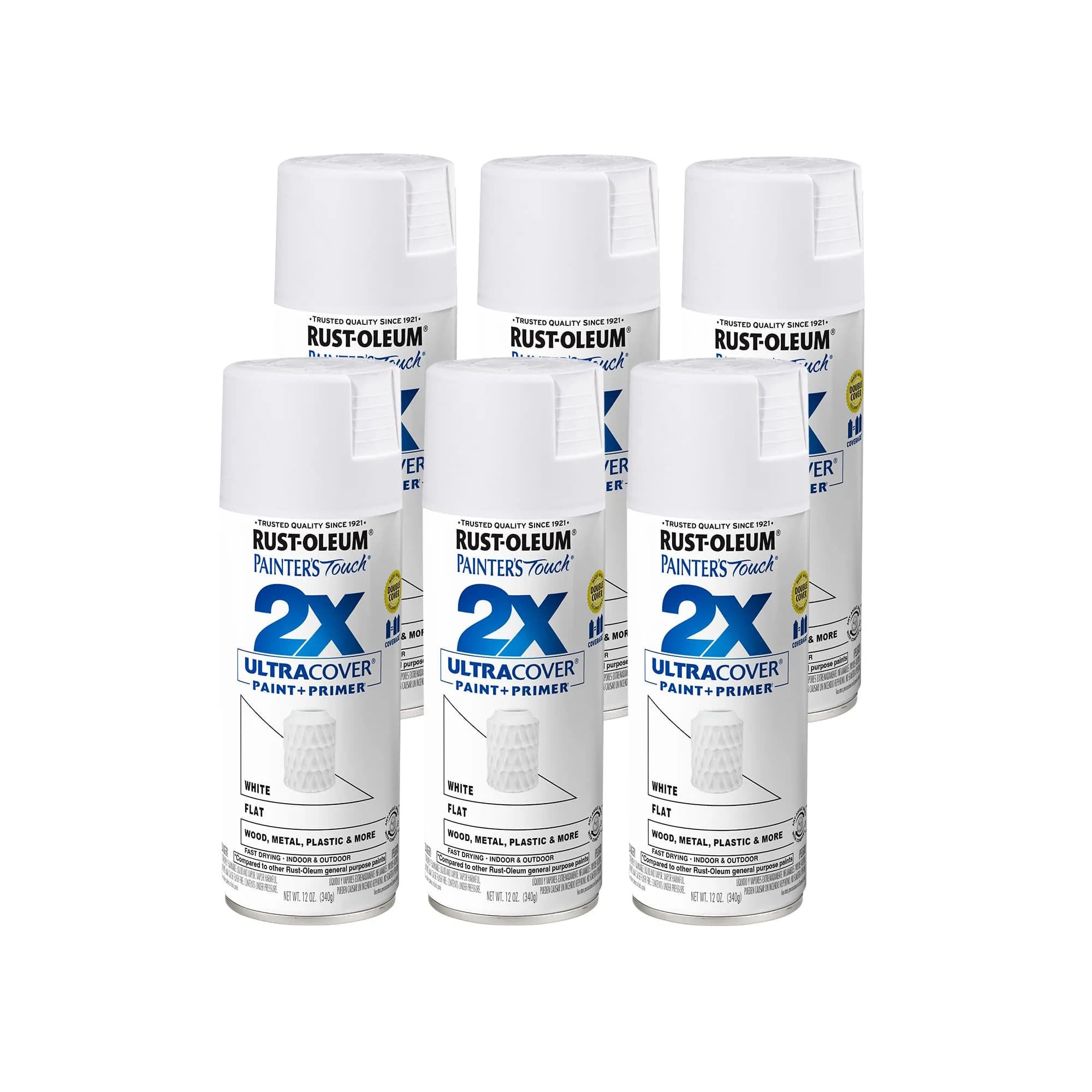 Rust-Oleum Painter's Touch 2X Ultra Cover Spray Paint, Flat White, 12 Oz (Pack of 6) - main product image