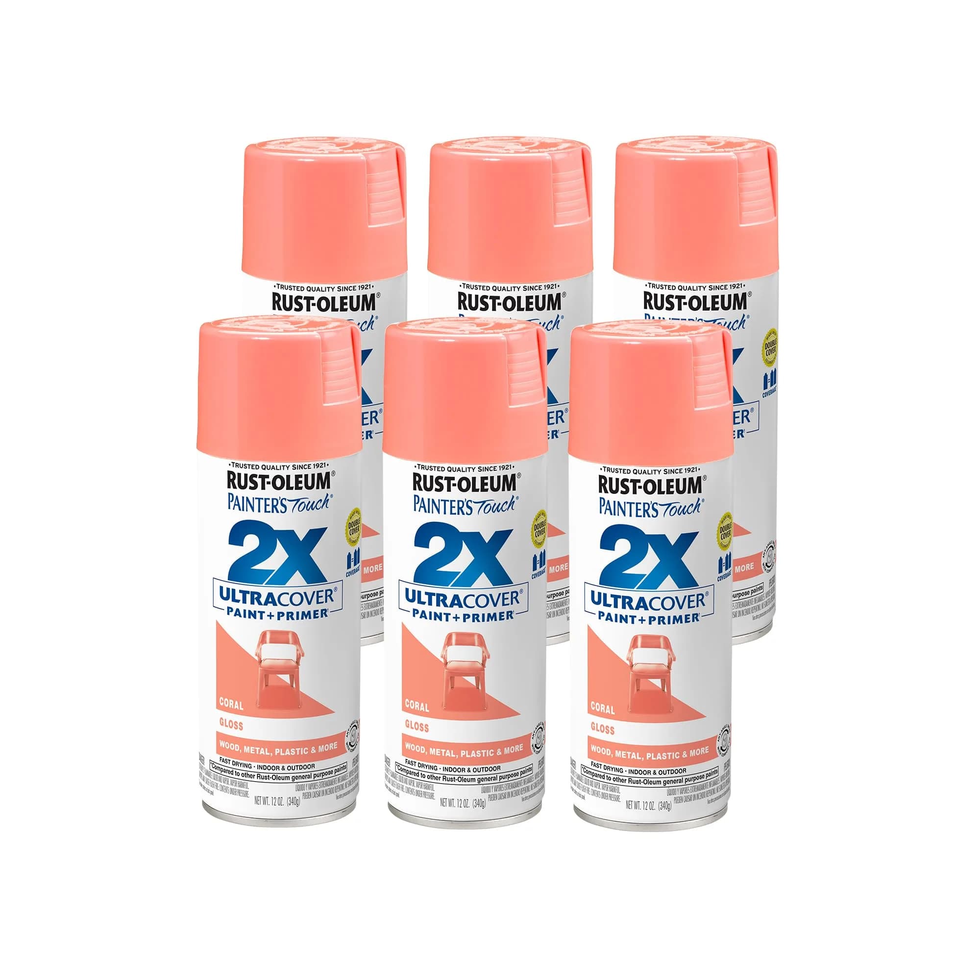 Rust-Oleum Painter's Touch 2X Ultra Cover Spray Paint, Gloss Coral, 12 Oz (Pack of 6) - main product image