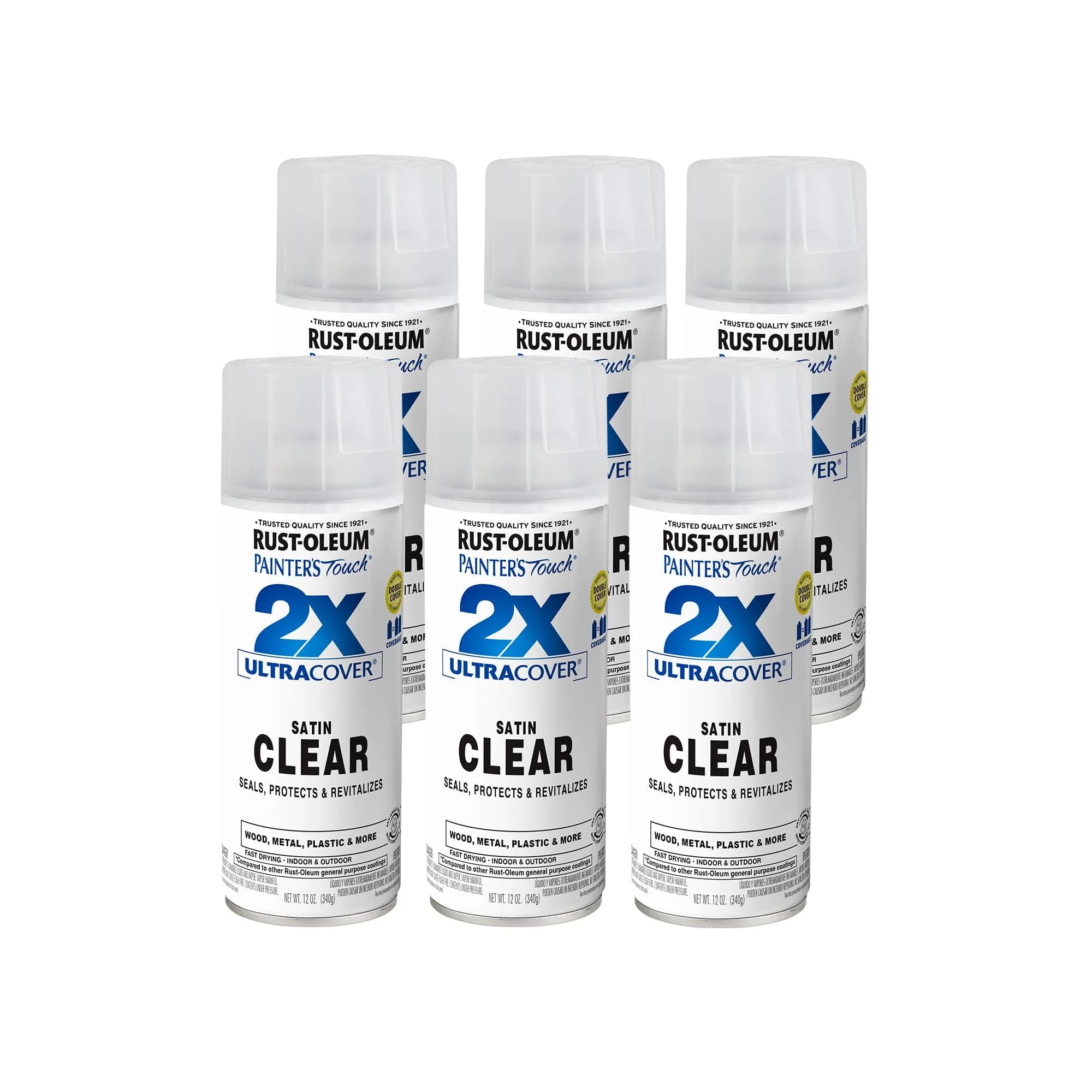 Rust-Oleum Painter's Touch 2X Satin Clear Spray Paint, 340g (12 Oz) - 6 Pack - main product image