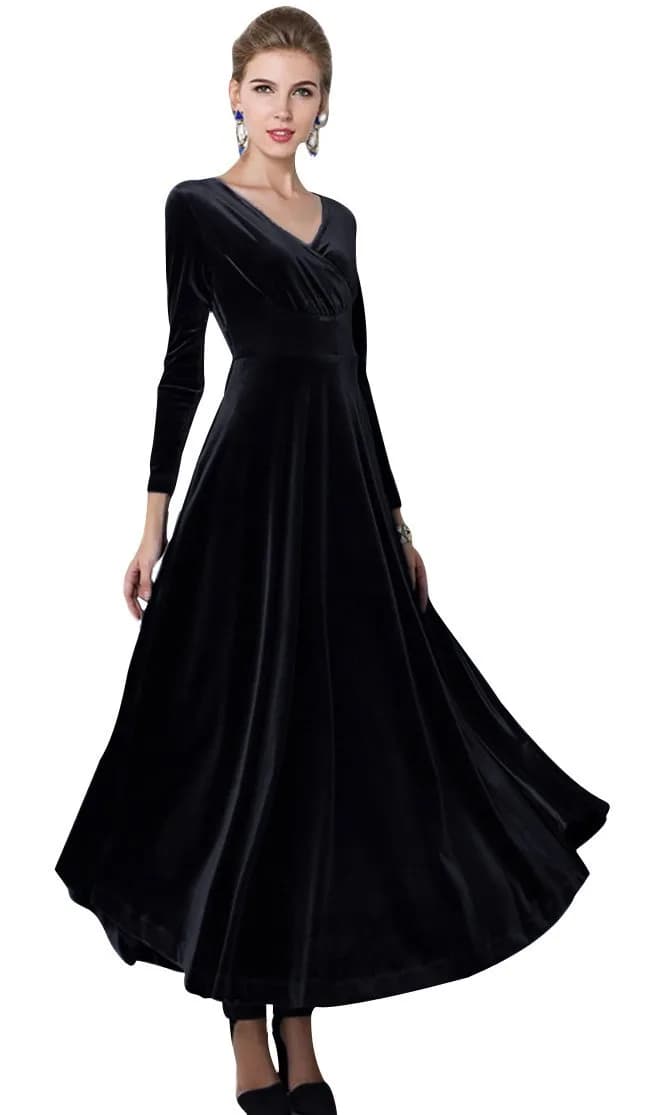 Urban CoCo Women Long Sleeve V-Neck Velvet Dress as1, Alpha, S, Regular, Black | Elegant, Breathable & Stretchy — Black