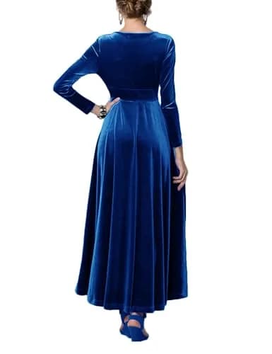 Urban CoCo Women Long Sleeve V-Neck Velvet Stretchy Long Dress (Medium, Royal Blue) | Elegant Winter Dress with Comfortable Fit thumbnail 4
