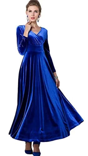 Urban CoCo Women Long Sleeve V-Neck Velvet Stretchy Long Dress (Medium, Royal Blue) | Elegant Winter Dress with Comfortable Fit thumbnail 2