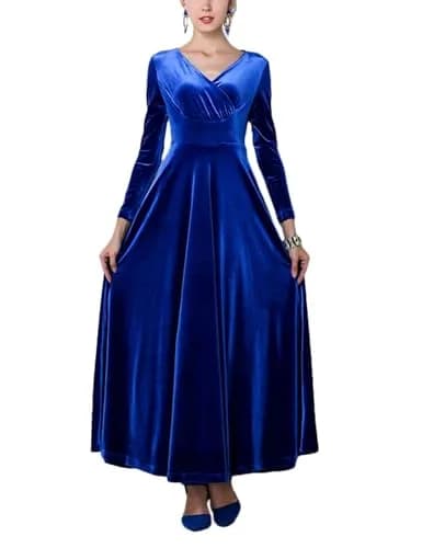 Urban CoCo Women Long Sleeve V-Neck Velvet Stretchy Long Dress (Medium, Royal Blue) | Elegant Winter Dress with Comfortable Fit thumbnail 3
