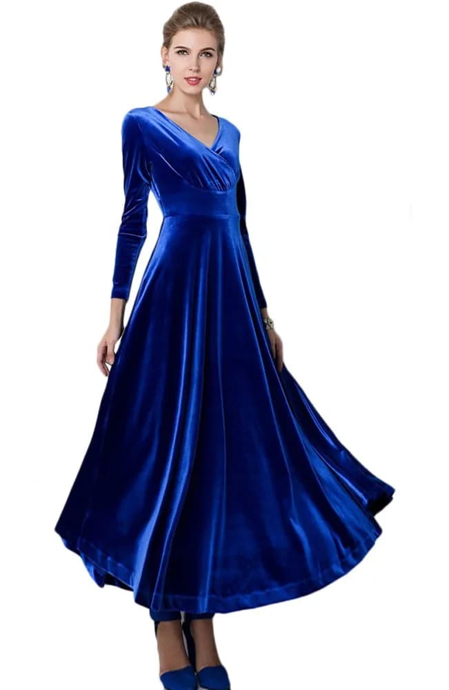 Urban CoCo Women Long Sleeve V-Neck Velvet Stretchy Long Dress (Medium, Royal Blue) | Elegant Winter Dress with Comfortable Fit - main product image