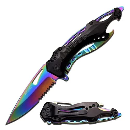 MTech USA MT-705RB Folding Knife Rainbow Half-Serrated Blade 4.5-Inch | Secure Lock & Multi-Tool thumbnail 1