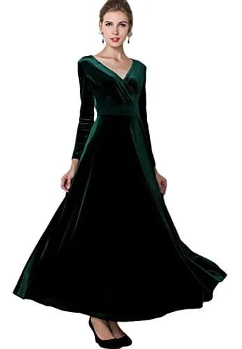 Urban CoCo Women Long Sleeve V-Neck Velvet Stretchy Long Dress (Large, Green) | Elegant Winter Autumn Dress thumbnail 1