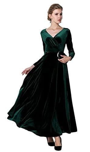 Urban CoCo Women Long Sleeve V-Neck Velvet Stretchy Long Dress (Large, Green) | Elegant Winter Autumn Dress thumbnail 2
