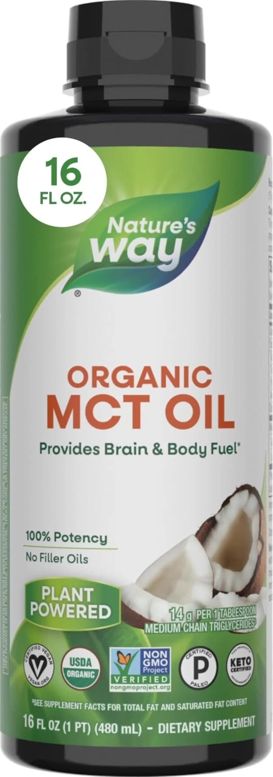 Nature's Way Organic Unflavored MCT Oil Liquid, 16 Fl Oz - Brain and Body Fuel - main product image