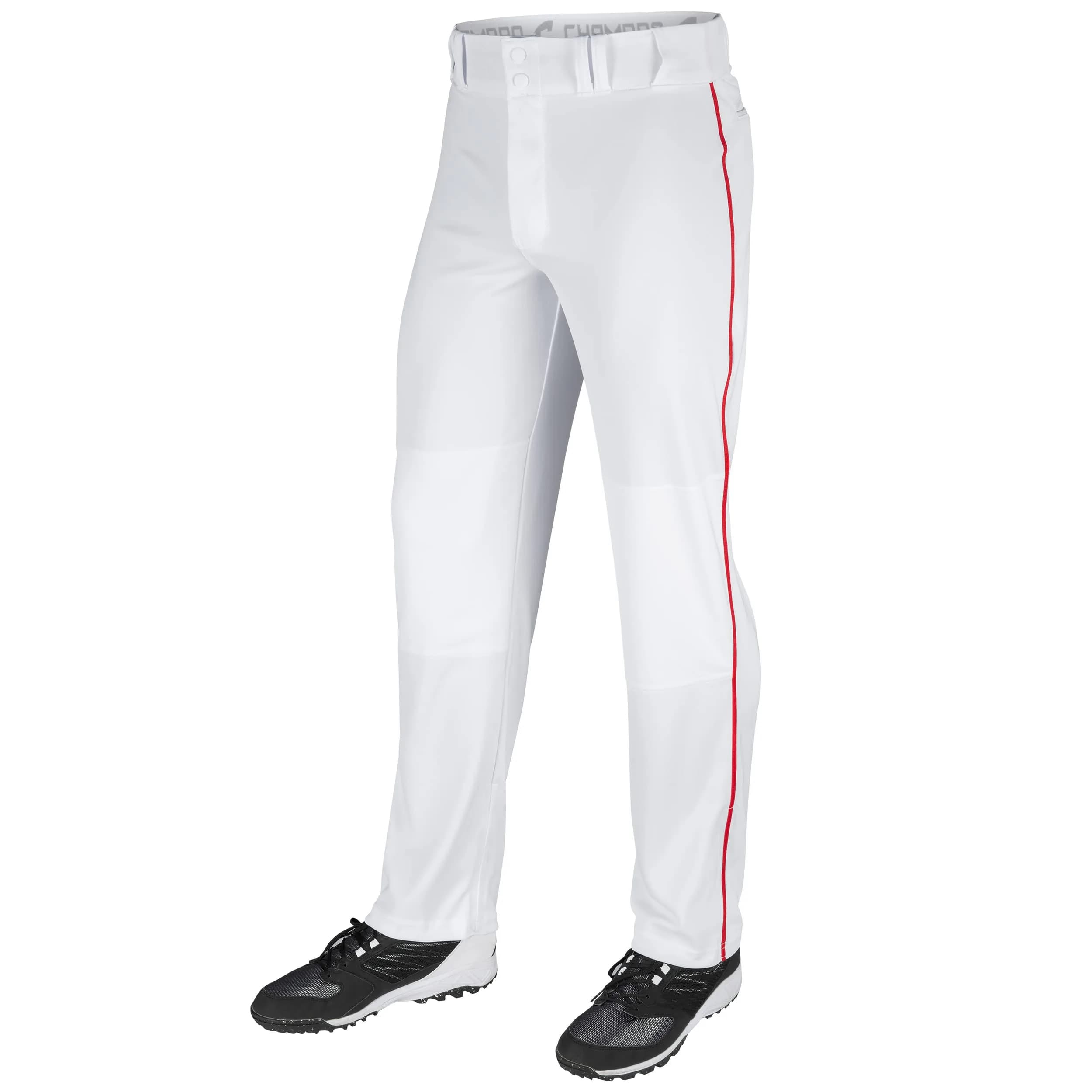 Champro Triple Crown OB Open-Bottom Baseball Pants with Side-Piping Braid, Adjustable Inseam, and Reinforced Sliding Areas | Comfortable, Durable Fit — White, Scarlet Pipe
