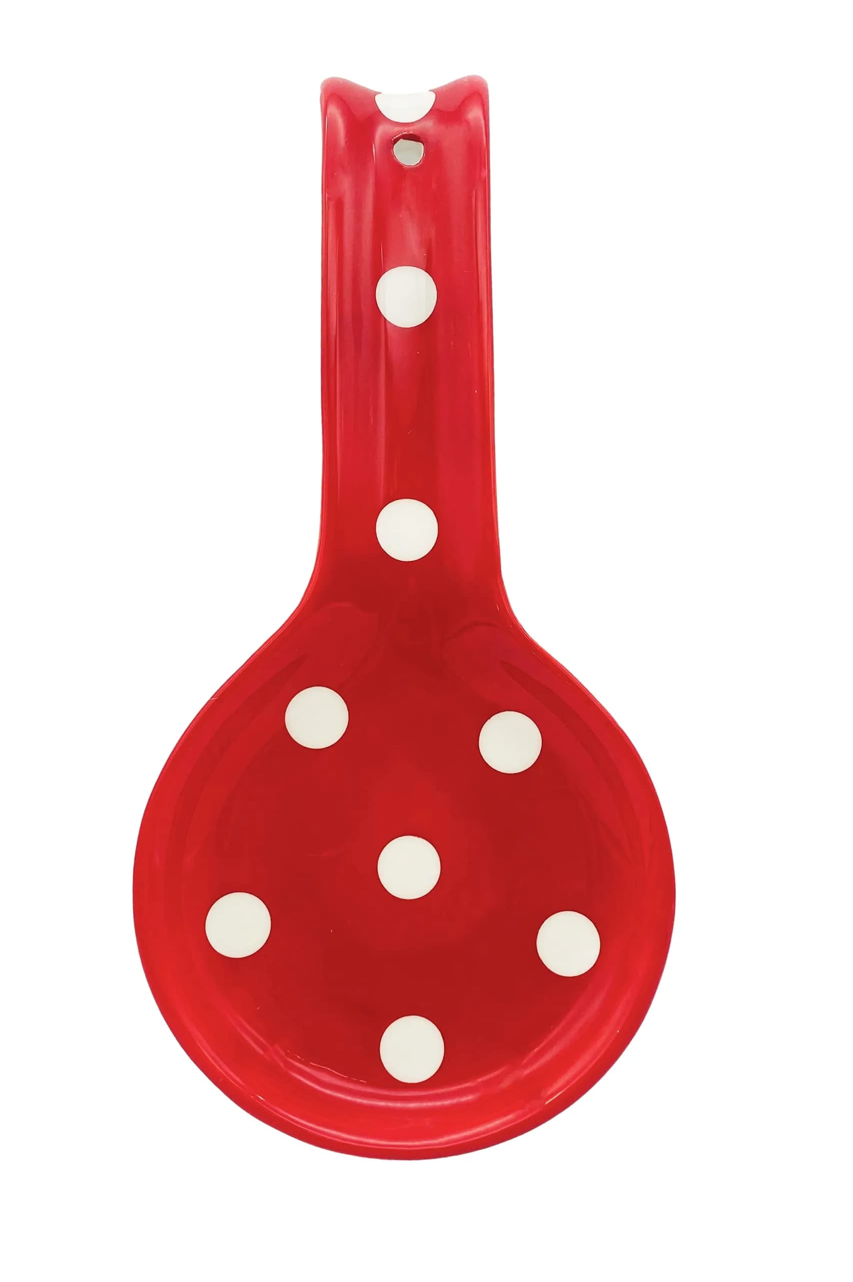 ACK Red Polka Dot Ceramic Spoon Rest | Hand-Painted Utensil Holder for Kitchen Counter, 17.5cm (6.9in) — Red