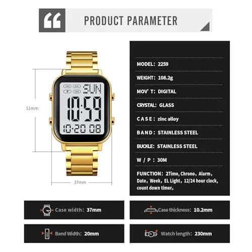 Gosasa Digital Unisex Waterproof Watch 33mm Square Rose Gold | Multifunctional & Stylish thumbnail 8