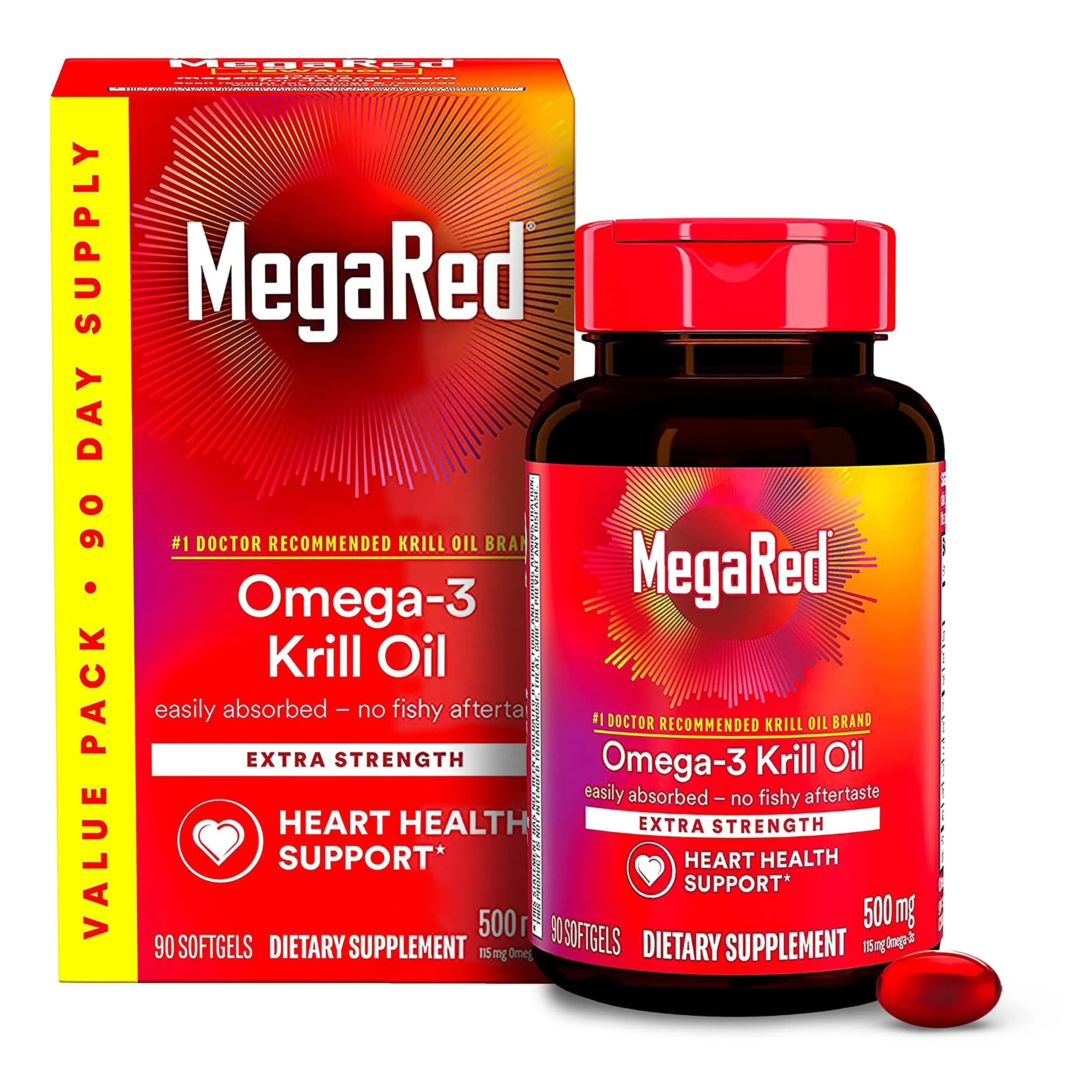 MegaRed Antarctic Krill Oil 500mg Omega 3 Fatty Acid Supplement, Extra Strength EPA & DHA Krill Oil Softgels (90 Count) - main product image