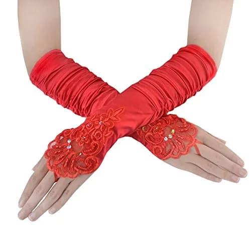 JISEN Women 20s Fingerless Satin Gloves with Finger Loops 15 Inch Red | Elegant Bridal & Evening Accessory thumbnail 1