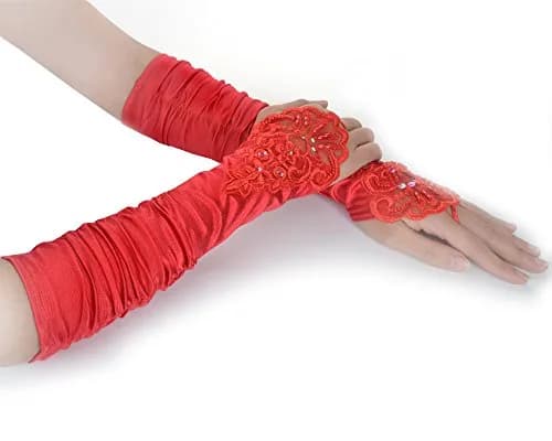 JISEN Women 20s Fingerless Satin Gloves with Finger Loops 15 Inch Red | Elegant Bridal & Evening Accessory thumbnail 2