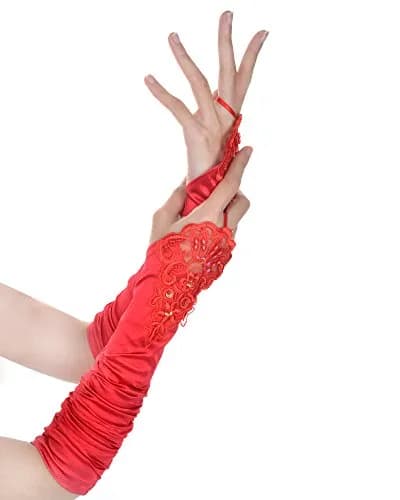 JISEN Women 20s Fingerless Satin Gloves with Finger Loops 15 Inch Red | Elegant Bridal & Evening Accessory thumbnail 3