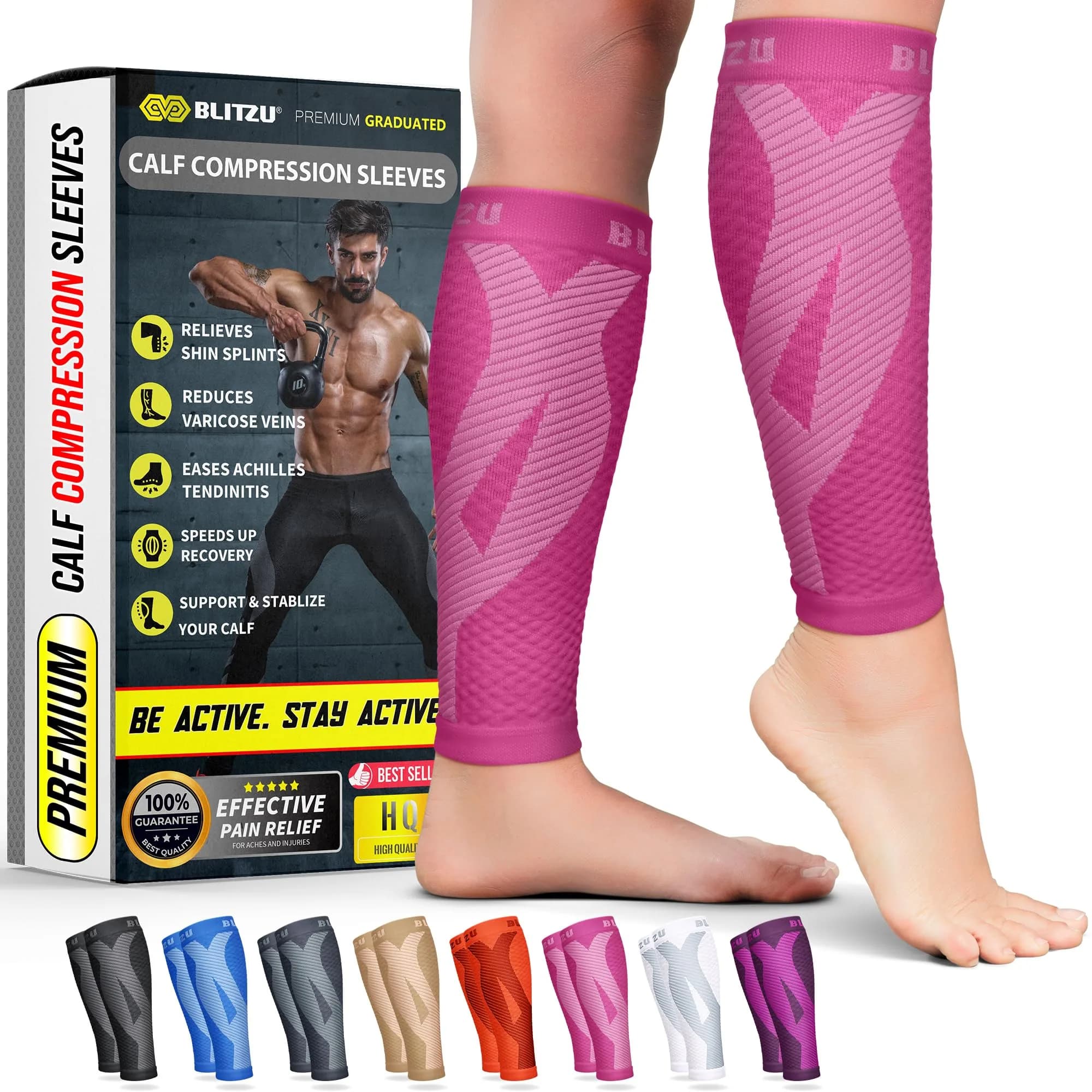 BLITZU Calf Compression Sleeves Black Small/Medium | FDA Approved Orthopedic Brace for Shin Splints & Varicose Veins — Pink / Small/Medium