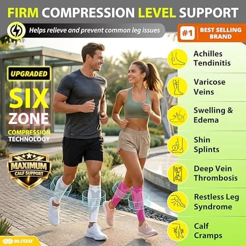 BLITZU Calf Compression Sleeves with Kinesiology Strips for Men & Women, 2.27 kg (5 lb) | FDA Approved Orthopedic Brace thumbnail 2