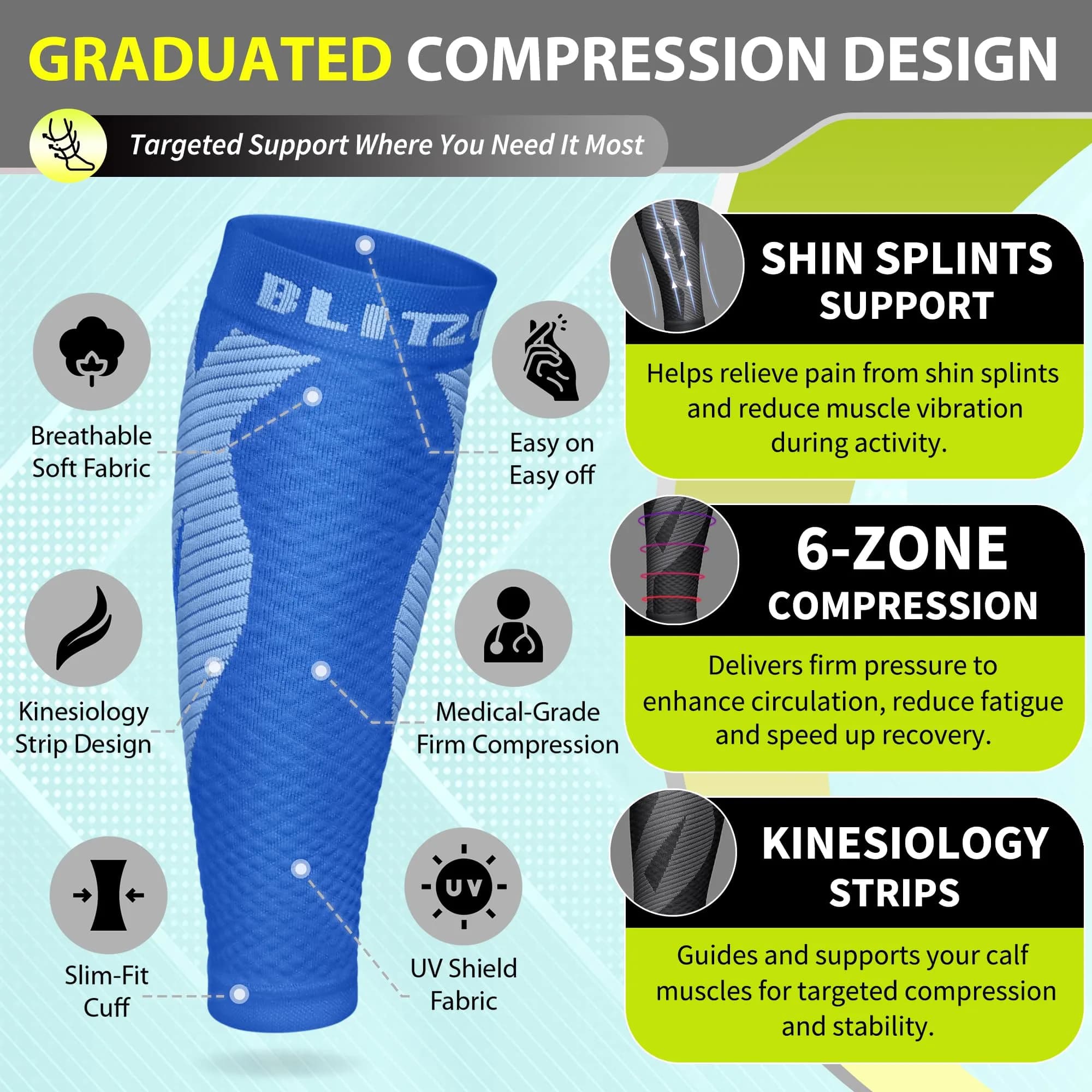 BLITZU Blue Calf Compression Sleeves - Small/Medium for Shin Splints & Varicose Veins - view 3