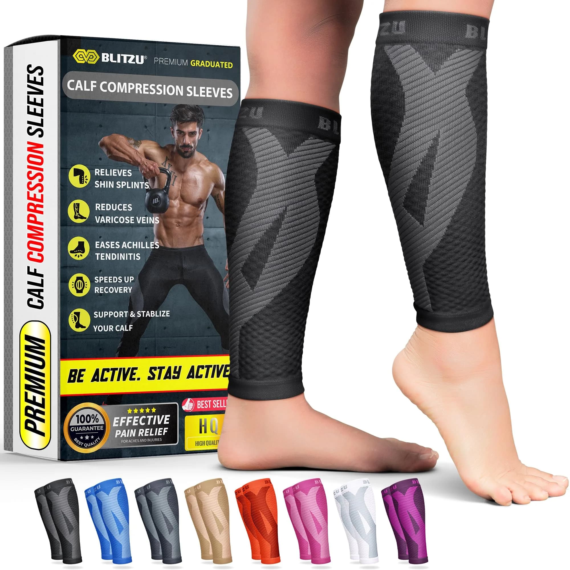 BLITZU Calf Compression Sleeves Black Large/X-Large | Orthopedic Brace for Shin Splints & Varicose Veins - main product image