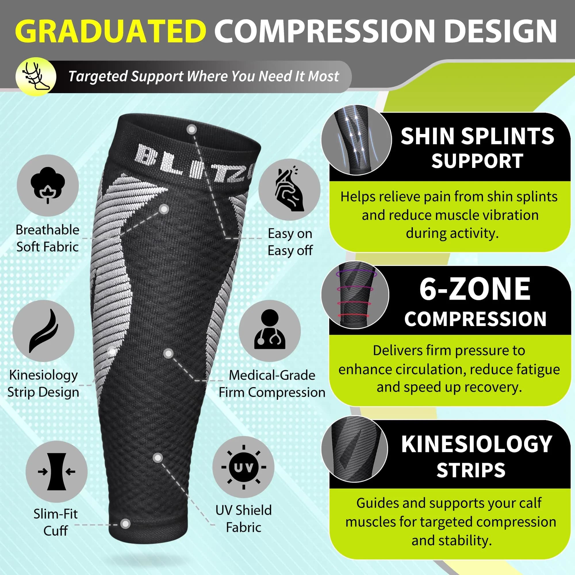 BLITZU Calf Compression Sleeves Black Large/X-Large | Orthopedic Brace for Shin Splints & Varicose Veins - view 3