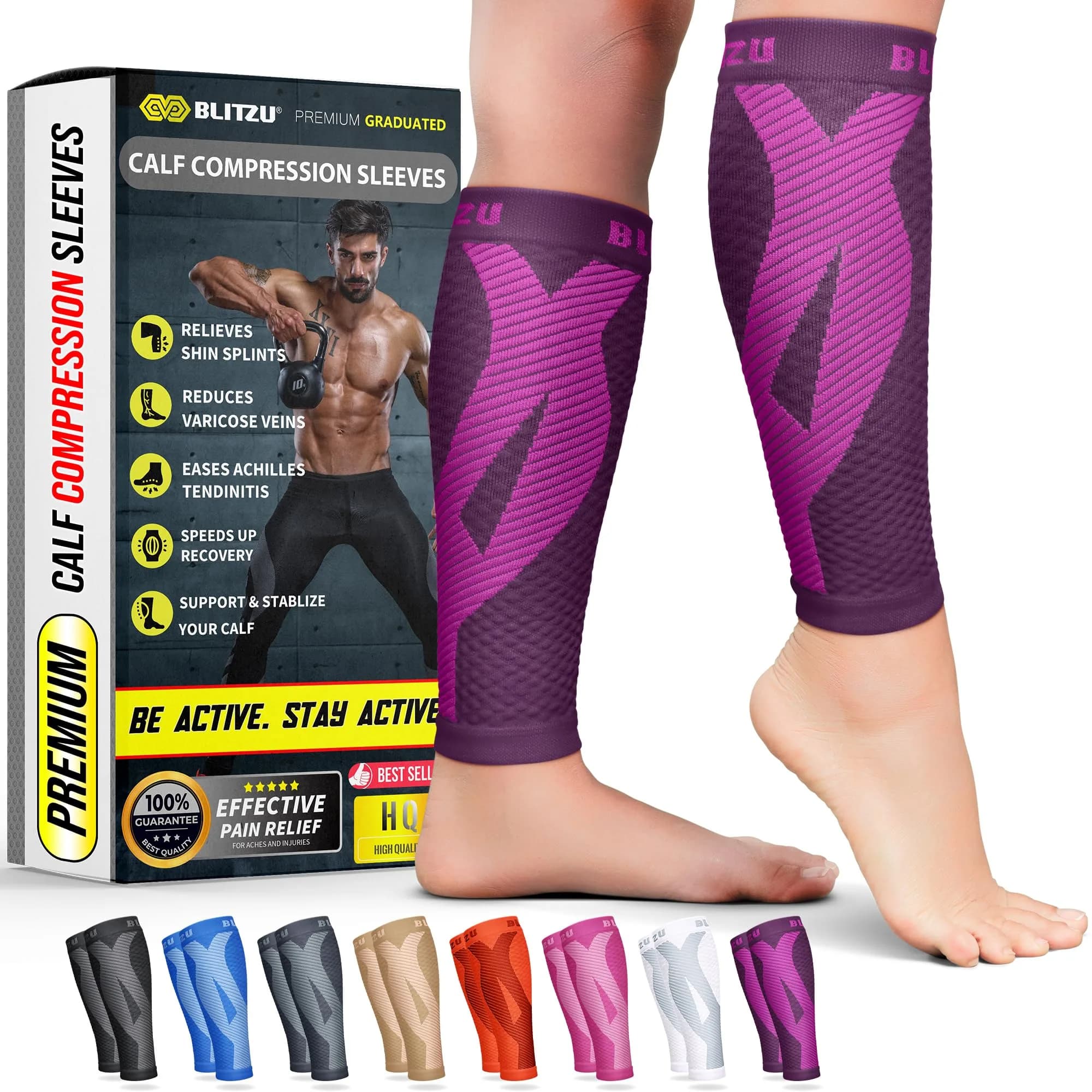 BLITZU Calf Compression Sleeves Purple Large/X-Large for Shin Splints & Varicose Veins - main product image