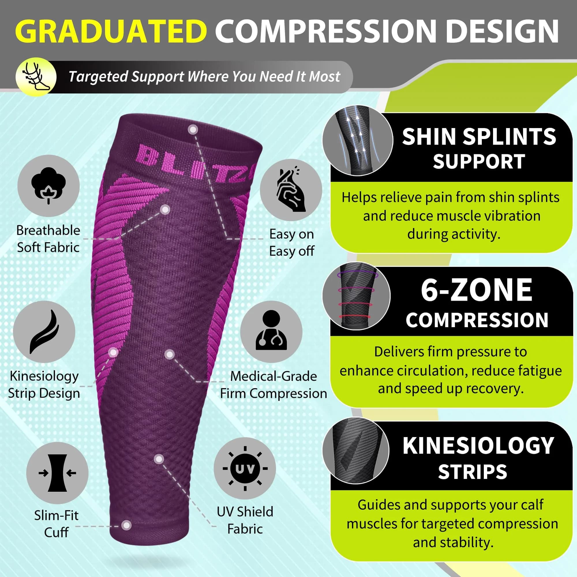 BLITZU Calf Compression Sleeves Purple Large/X-Large for Shin Splints & Varicose Veins - view 3