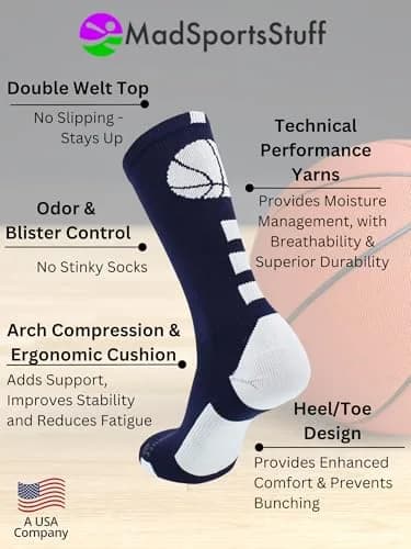 MadSportsStuff Basketball Socks - Youth Team Apparel - Durable Knit - Small, Navy/White | Support for intense play thumbnail 5