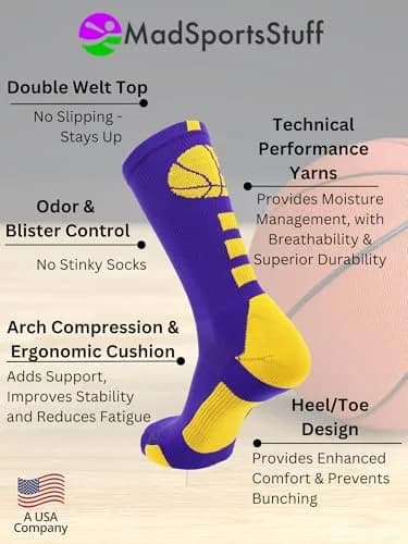 MadSportsStuff Basketball Socks - Youth Team Apparel - Durable Knit - Small, Purple/Gold | Support for intense basketball play thumbnail 5