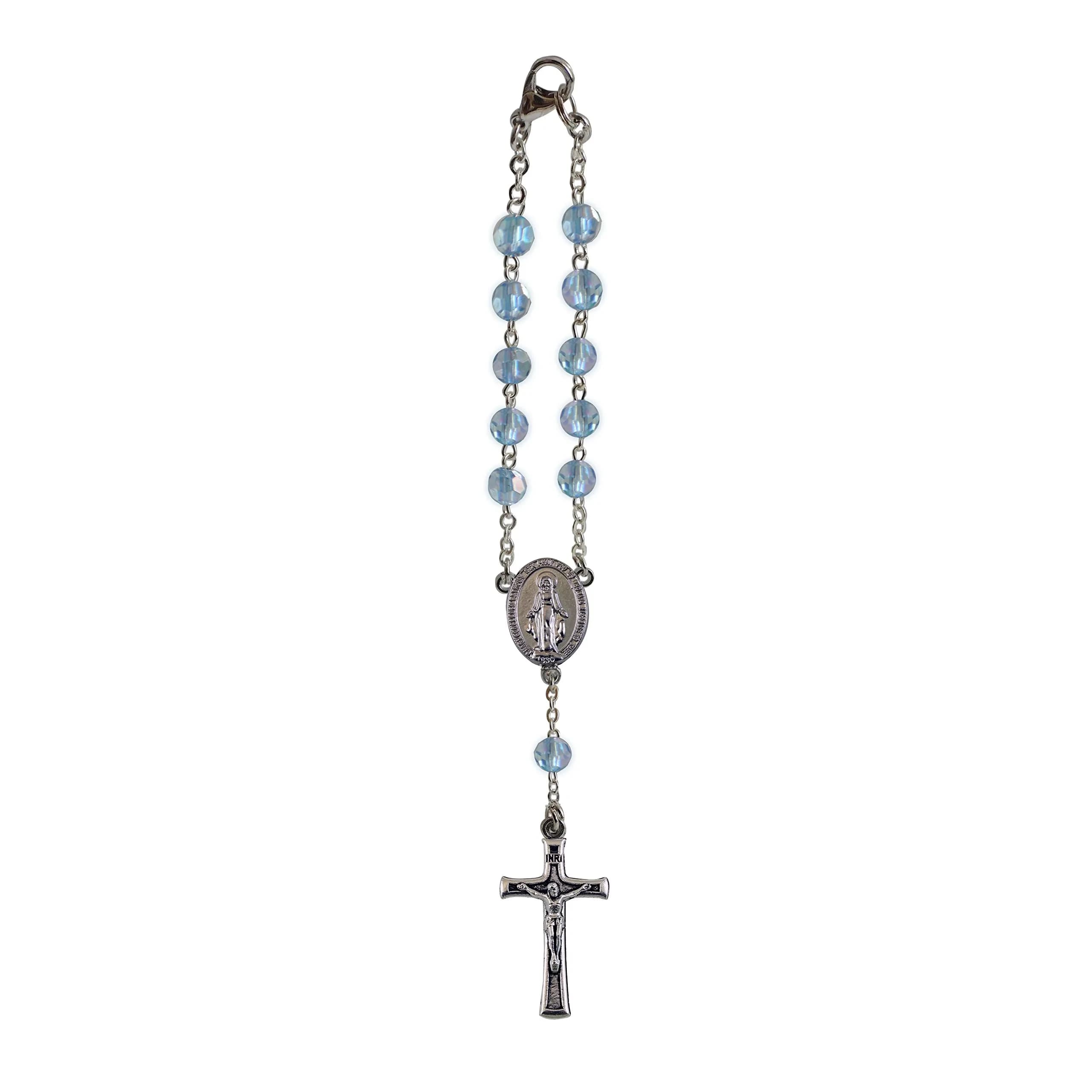 Cathedral Art March/Aquamarine Birthstone Car Rosary Pendant 6 inches (15.24 cm) | Sterling Silver with Simulated Aquamarine