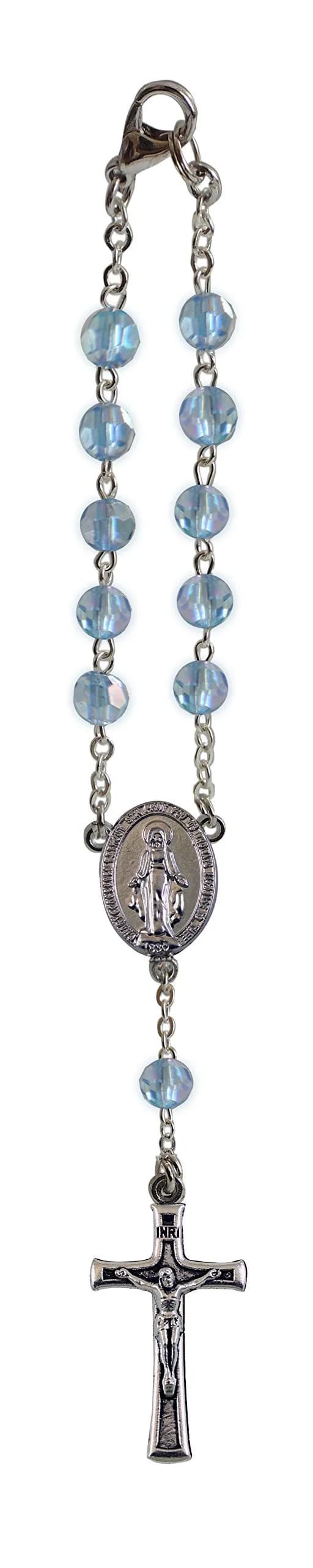Cathedral Art March/Aquamarine Birthstone Car Rosary Pendant 6 inches (15.24 cm) | Sterling Silver with Simulated Aquamarine - main product image