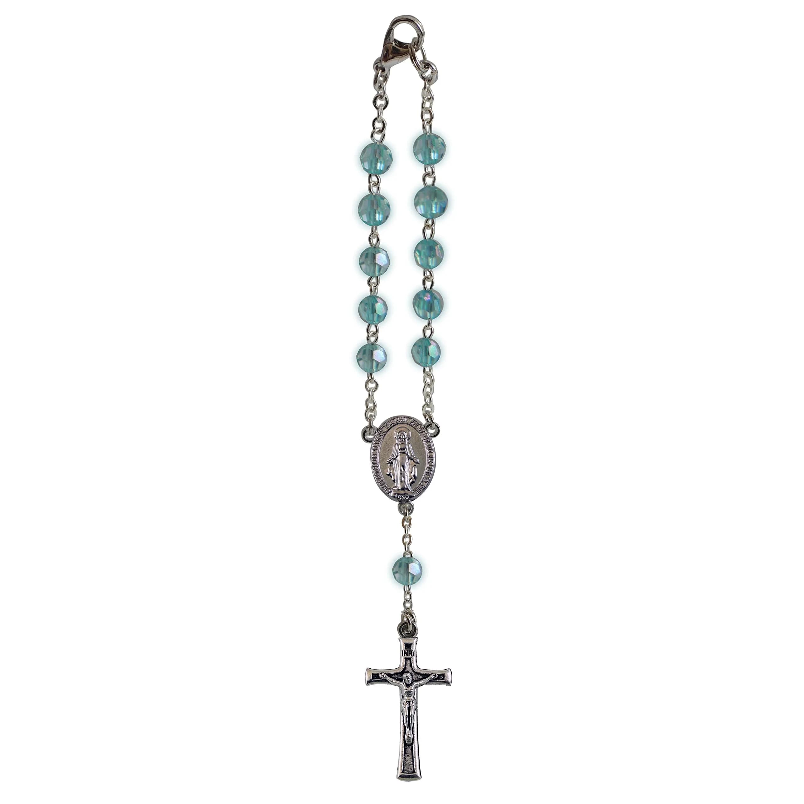 Cathedral Art December/Blue Zircon Birthstone Car Rosary Necklace 18 inches (45.72 cm) | Religious Pendant for Women