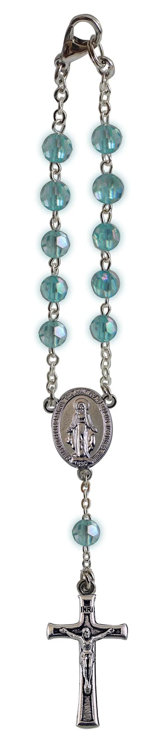 Cathedral Art September/Sapphire Birthstone Car Rosary 1.2cm (0.5in) Wide | Hanging Ornament for Rear View Mirror — Blue Zircon