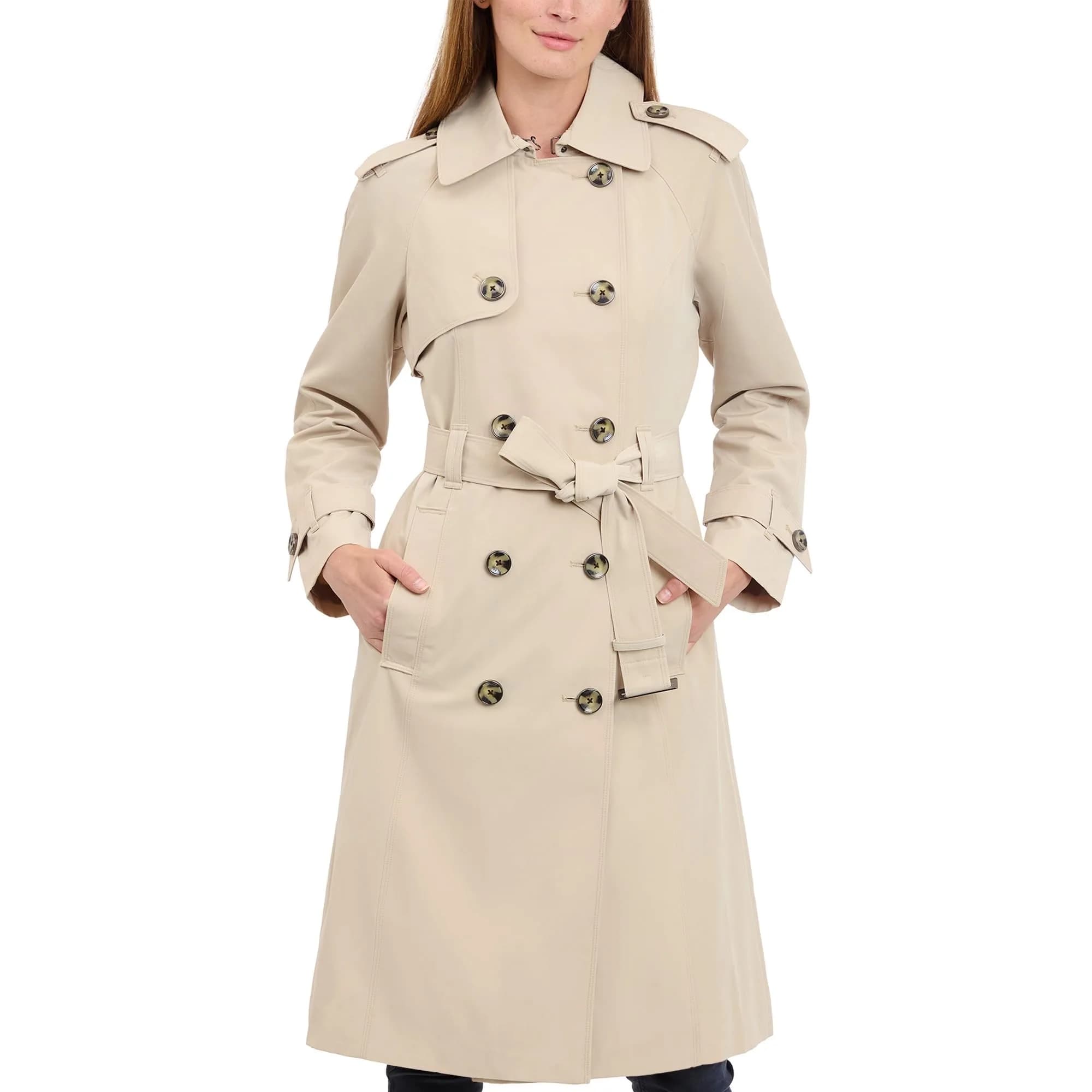 London Fog Women's 3/4 Length Double-Breasted Trench Coat with Belt, Stone, Large | Windproof & Water-Resistant
