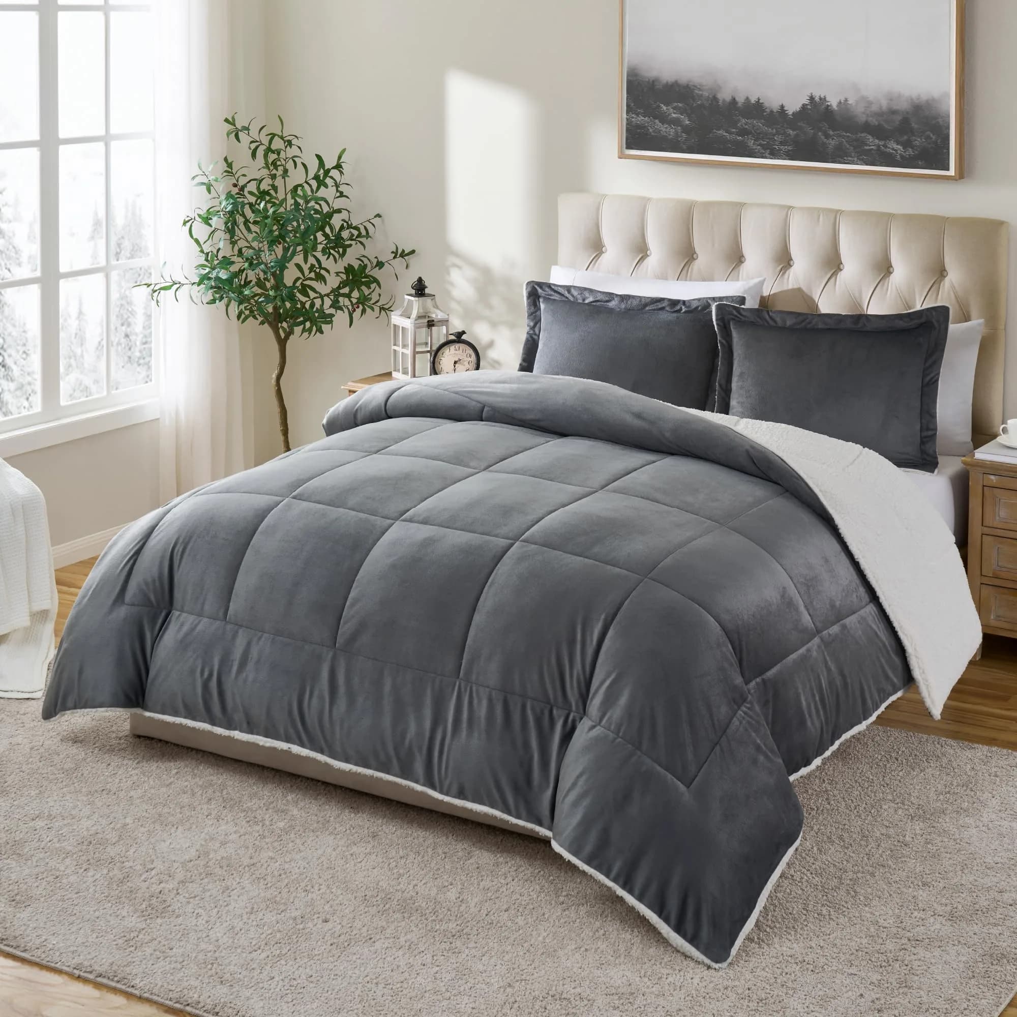Cathay Home Twin Comforter Set, Reversible Micromink Sherpa, Pewter | All-Season Lightweight Bedding — Pewter