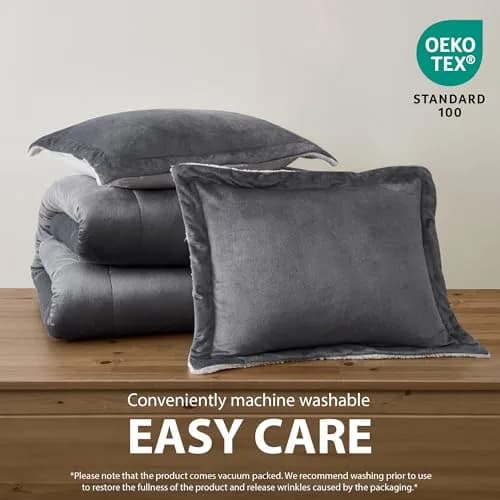 Cathay Home Twin Comforter Set, Reversible Micromink Sherpa, Pewter | All-Season Lightweight Bedding thumbnail 6