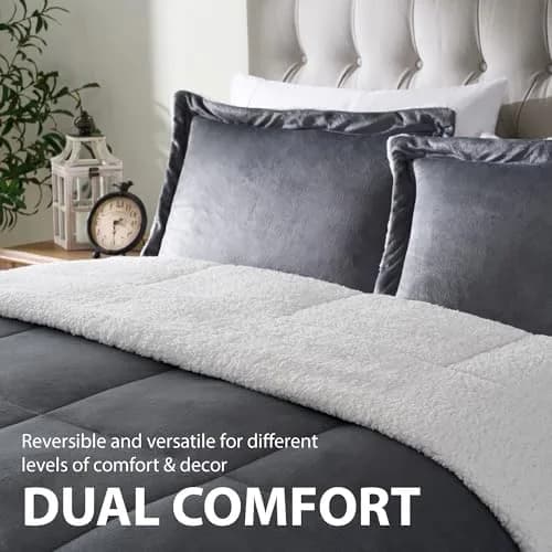 Cathay Home Twin Comforter Set, Reversible Micromink Sherpa, Pewter | All-Season Lightweight Bedding thumbnail 2