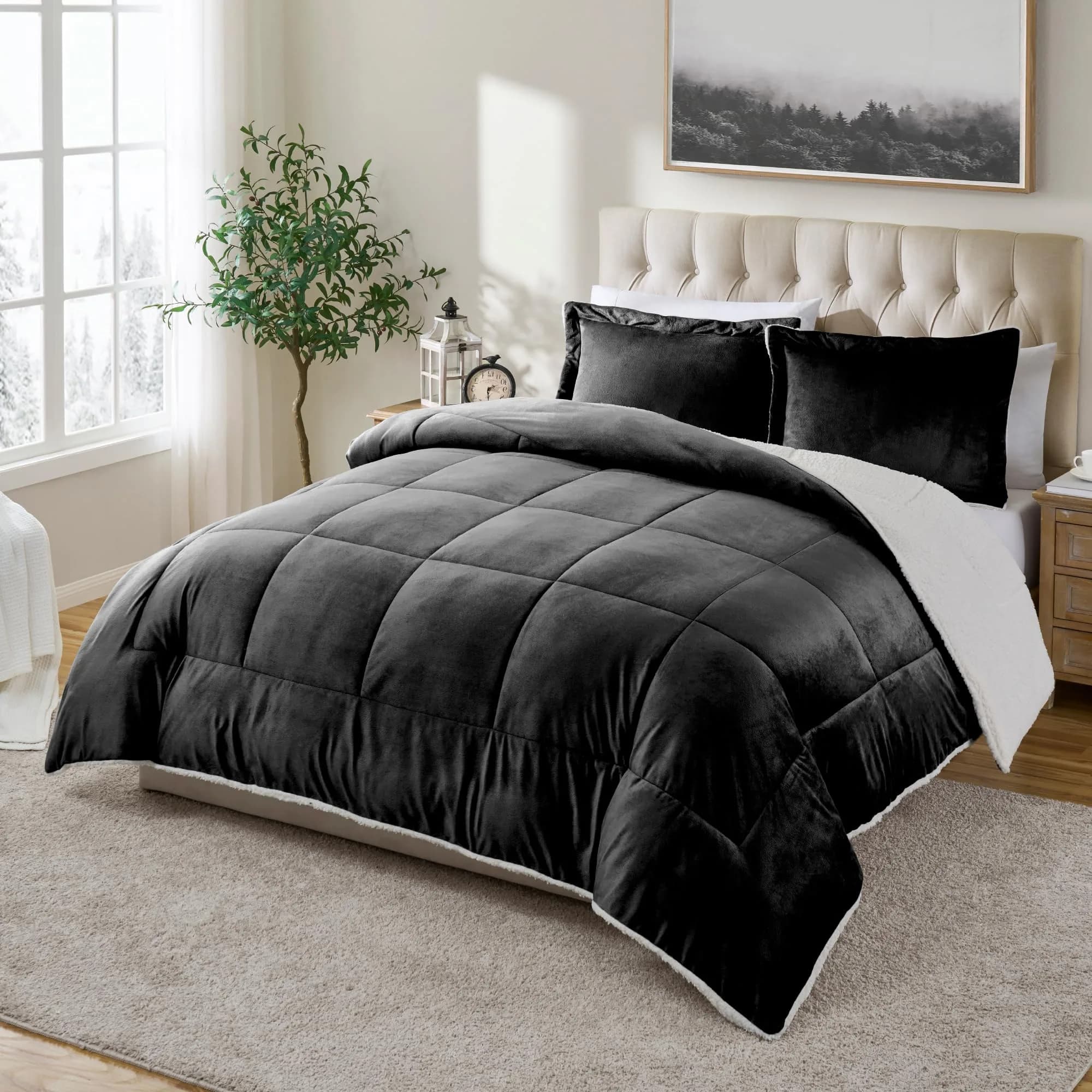 Cathay Home Twin Comforter Set, Reversible Micromink Sherpa, Black | All-Season Lightweight Comforter